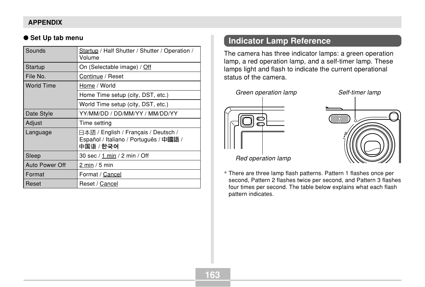 Indicator lamp reference | Casio E MULTI PJ CAMERA Multifunctional Camera System User Manual | Page 163 / 174