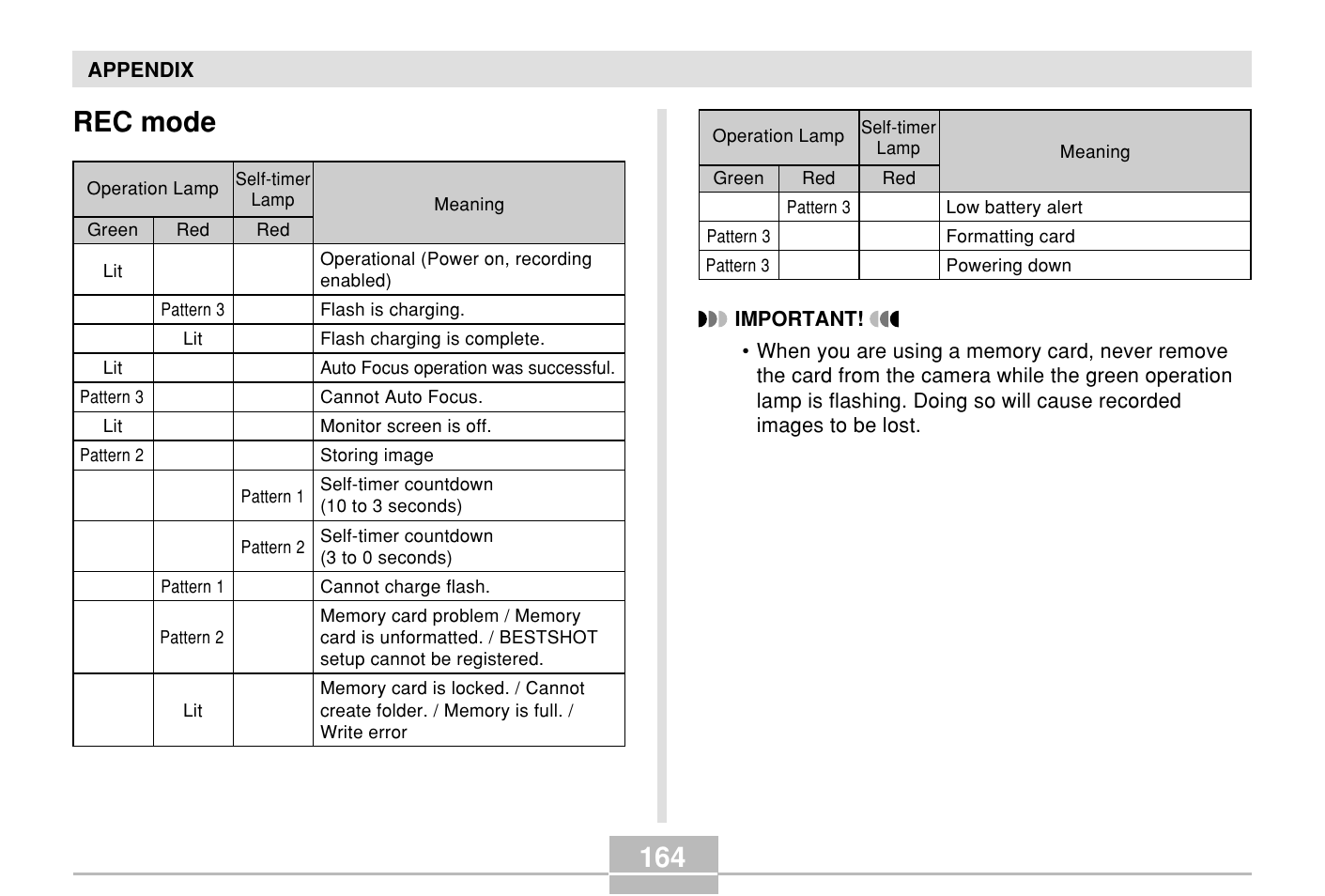 Rec mode, 164 rec mode | Casio E MULTI PJ CAMERA Multifunctional Camera System User Manual | Page 164 / 174