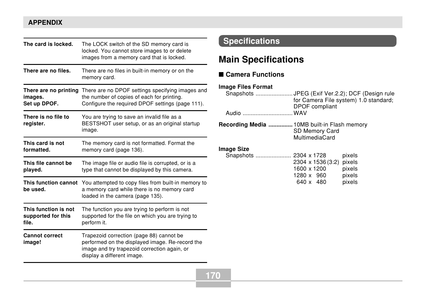 Specifications, Main specifications | Casio E MULTI PJ CAMERA Multifunctional Camera System User Manual | Page 170 / 174