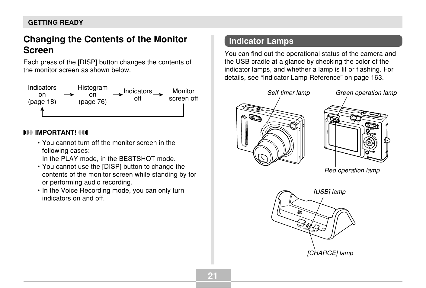 Changing the contents of the monitor screen, Indicator lamps | Casio E MULTI PJ CAMERA Multifunctional Camera System User Manual | Page 21 / 174