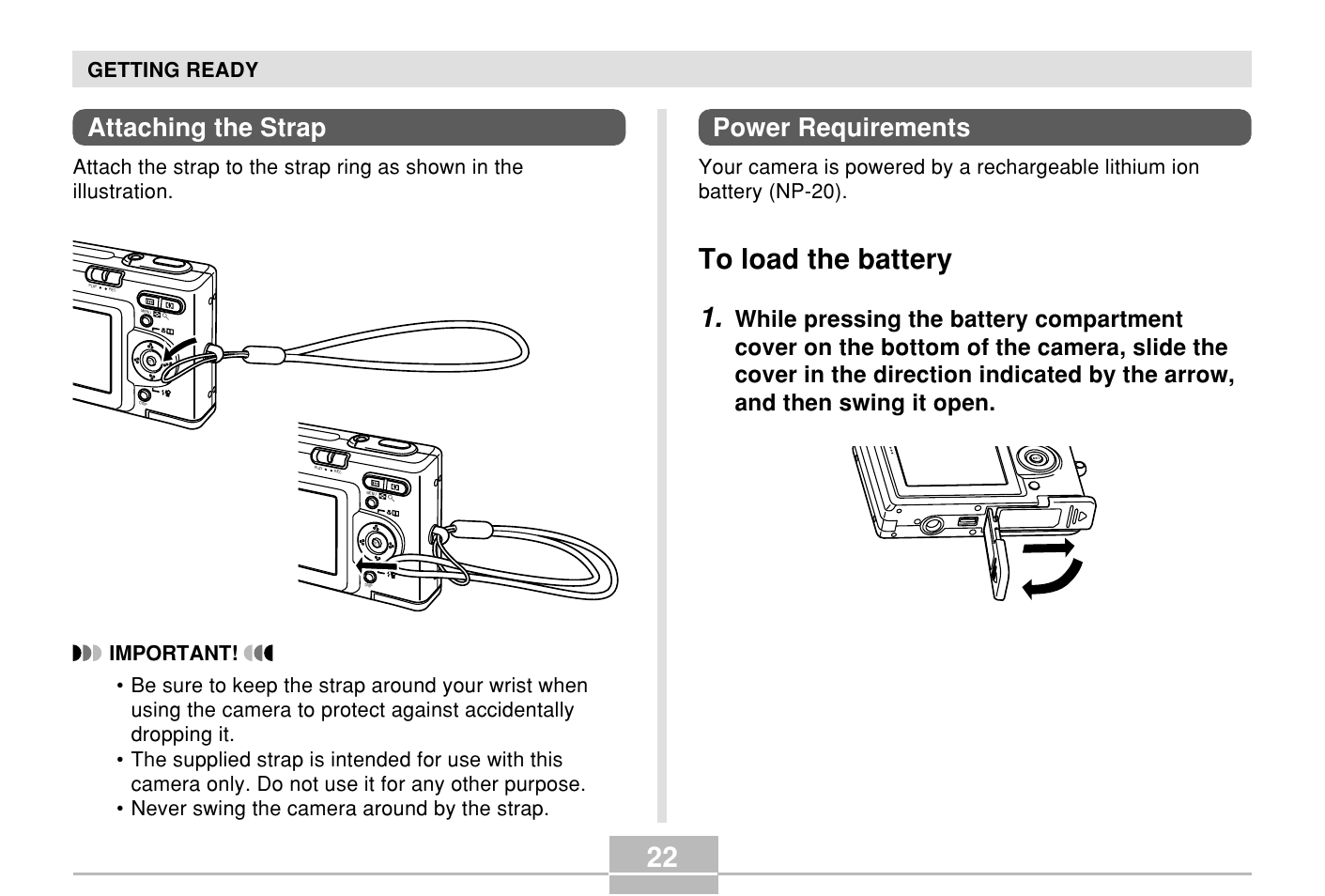 Attaching the strap, Power requirements, To load the battery | Getting ready | Casio E MULTI PJ CAMERA Multifunctional Camera System User Manual | Page 22 / 174