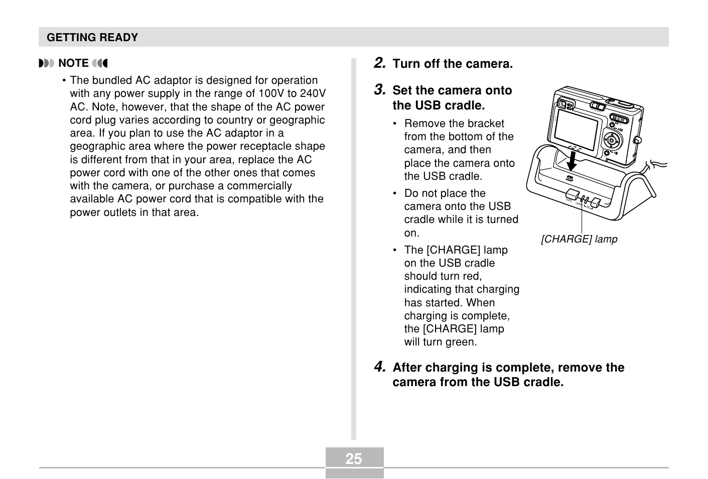 Turn off the camera, Set the camera onto the usb cradle | Casio E MULTI PJ CAMERA Multifunctional Camera System User Manual | Page 25 / 174