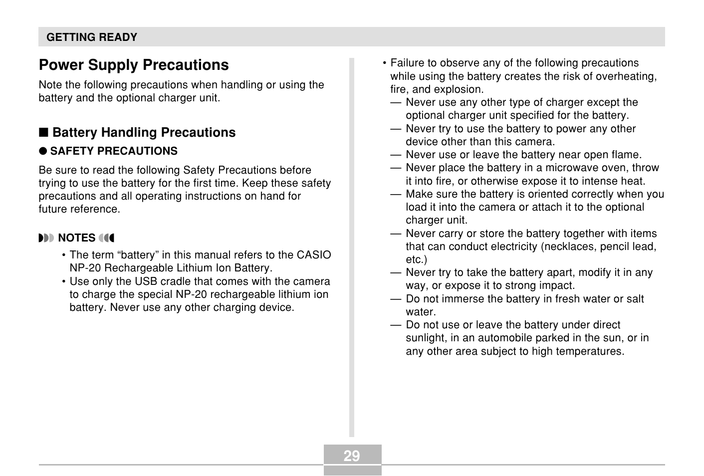 Power supply precautions, 29 power supply precautions | Casio E MULTI PJ CAMERA Multifunctional Camera System User Manual | Page 29 / 174