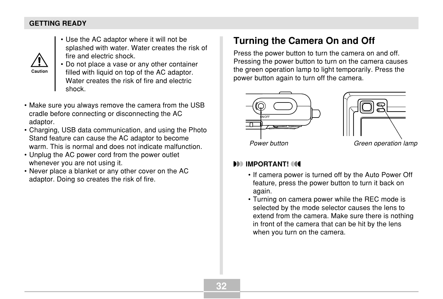 Turning the camera on and off | Casio E MULTI PJ CAMERA Multifunctional Camera System User Manual | Page 32 / 174