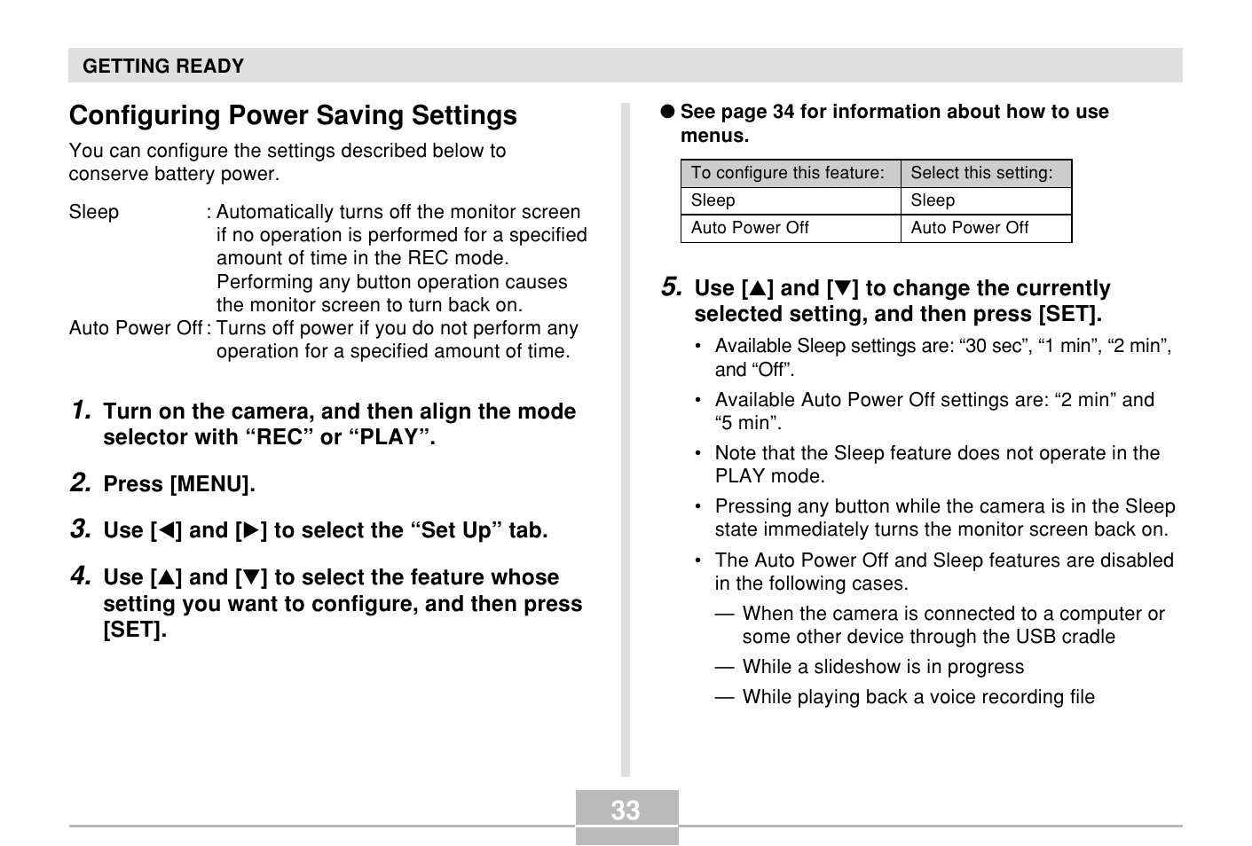 Configuring power saving settings, 33 configuring power saving settings | Casio E MULTI PJ CAMERA Multifunctional Camera System User Manual | Page 33 / 174