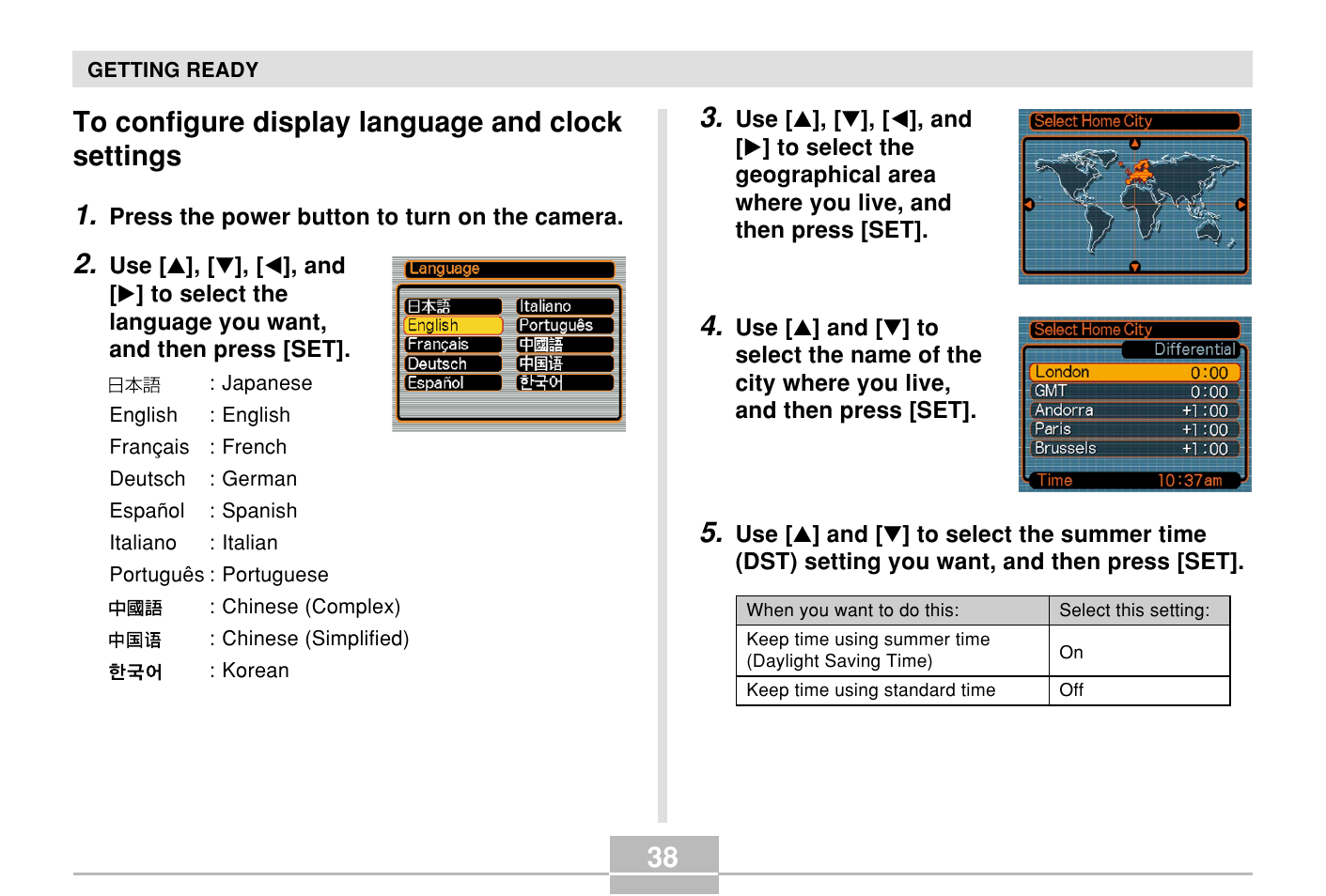 To configure display language and clock settings | Casio E MULTI PJ CAMERA Multifunctional Camera System User Manual | Page 38 / 174