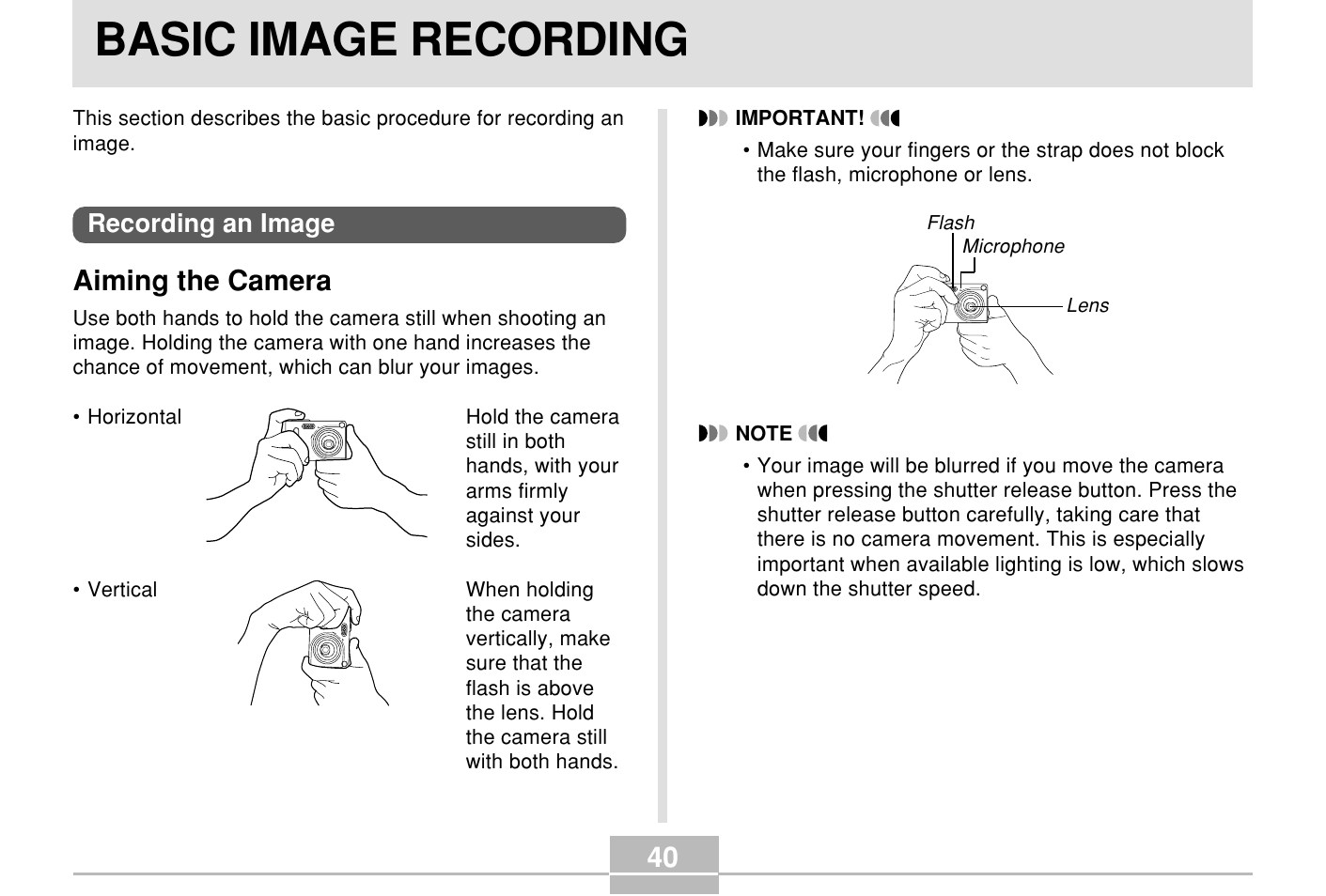 Basic image recording, Recording an image, Aiming the camera | Casio E MULTI PJ CAMERA Multifunctional Camera System User Manual | Page 40 / 174