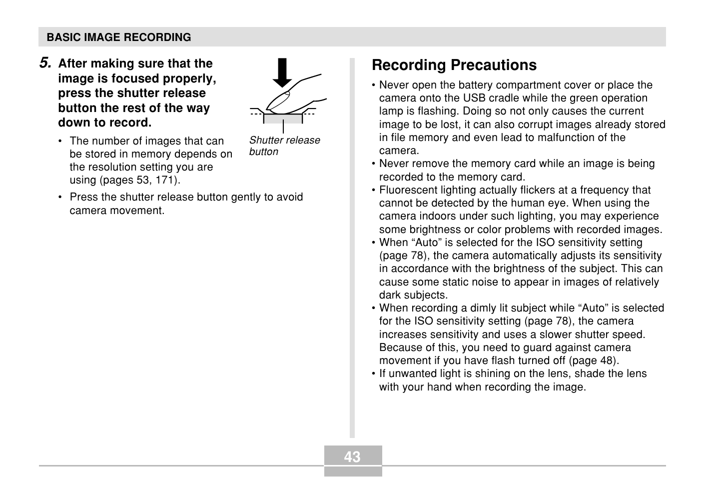 Recording precautions | Casio E MULTI PJ CAMERA Multifunctional Camera System User Manual | Page 43 / 174