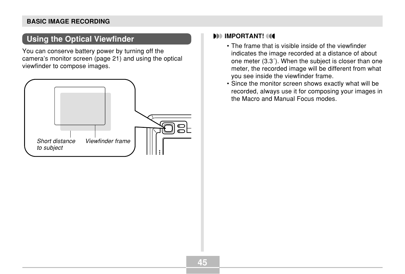 Using the optical viewfinder | Casio E MULTI PJ CAMERA Multifunctional Camera System User Manual | Page 45 / 174