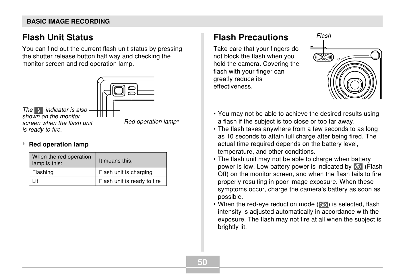 Flash unit status, Flash precautions | Casio E MULTI PJ CAMERA Multifunctional Camera System User Manual | Page 50 / 174
