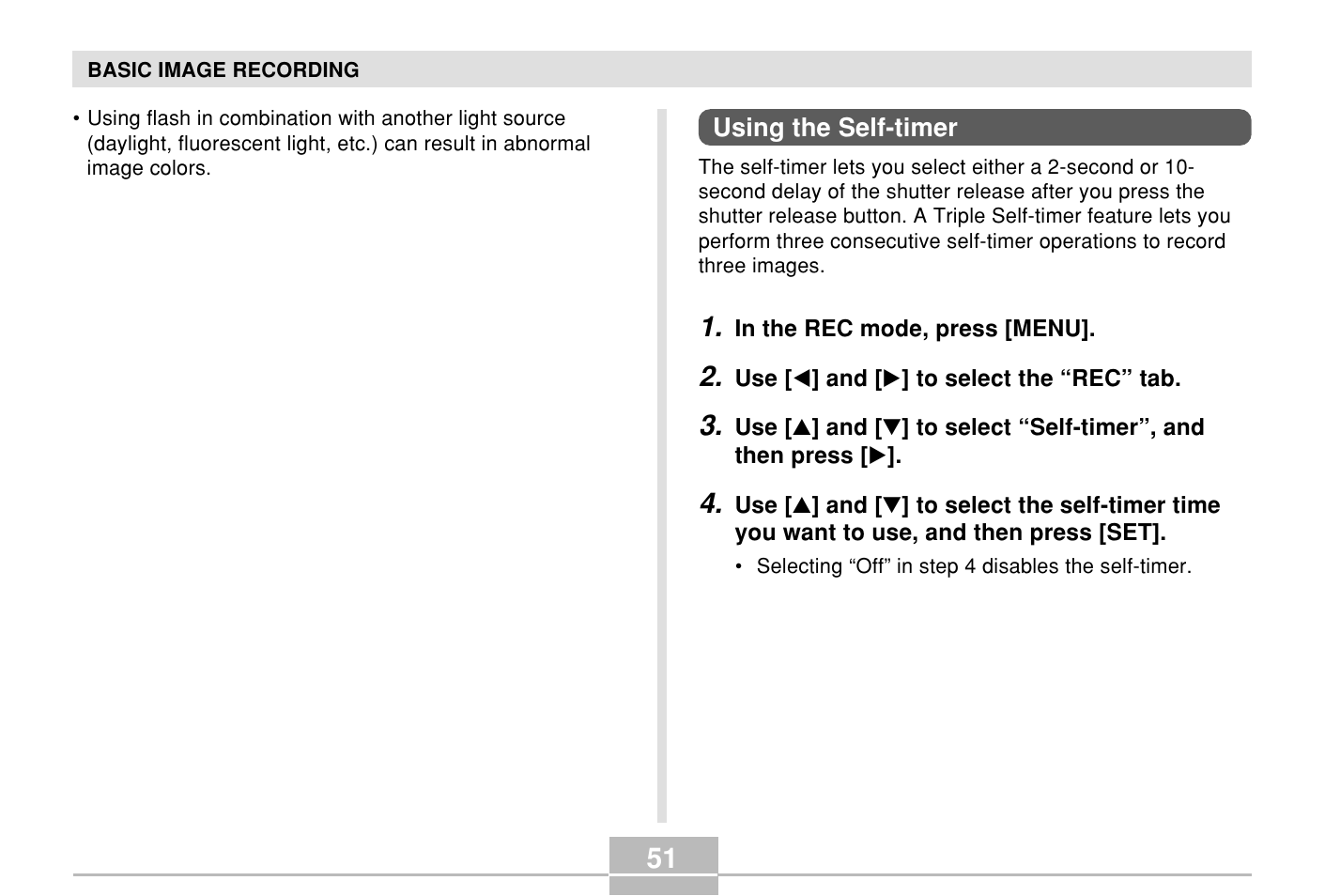 Using the self-timer | Casio E MULTI PJ CAMERA Multifunctional Camera System User Manual | Page 51 / 174