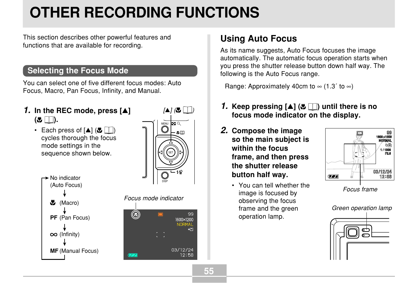 Other recording functions, Selecting the focus mode, Using auto focus | Casio E MULTI PJ CAMERA Multifunctional Camera System User Manual | Page 55 / 174
