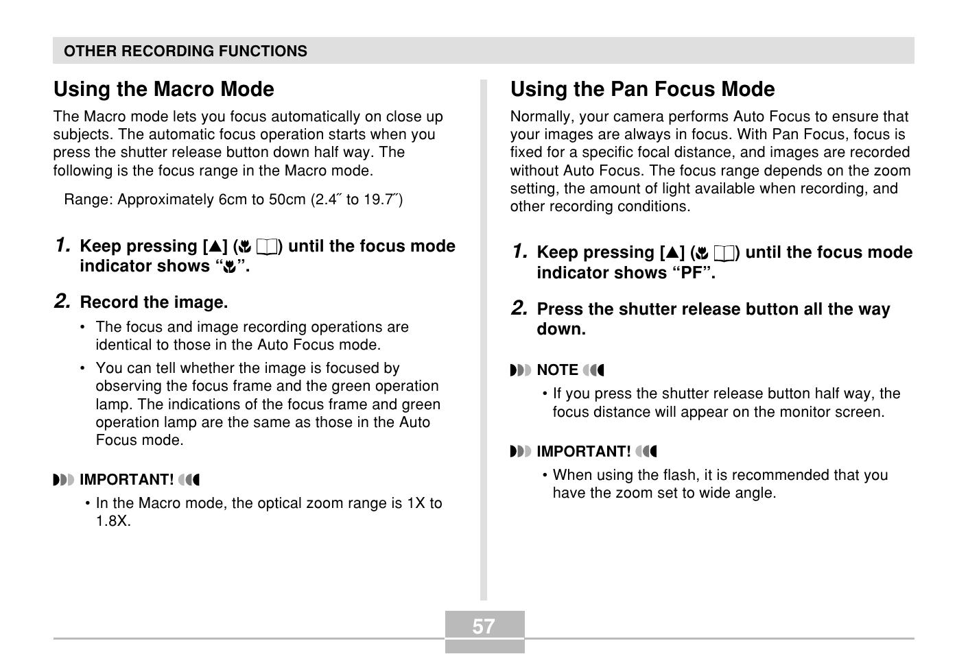 Using the macro mode, Using the pan focus mode | Casio E MULTI PJ CAMERA Multifunctional Camera System User Manual | Page 57 / 174