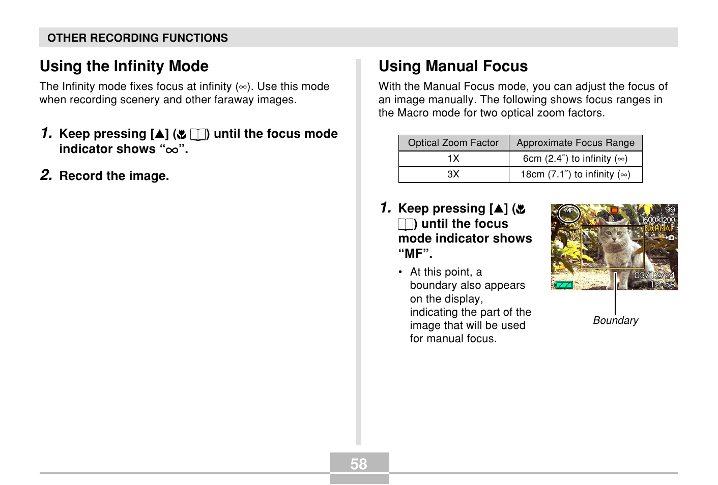 Using the infinity mode, Using manual focus | Casio E MULTI PJ CAMERA Multifunctional Camera System User Manual | Page 58 / 174