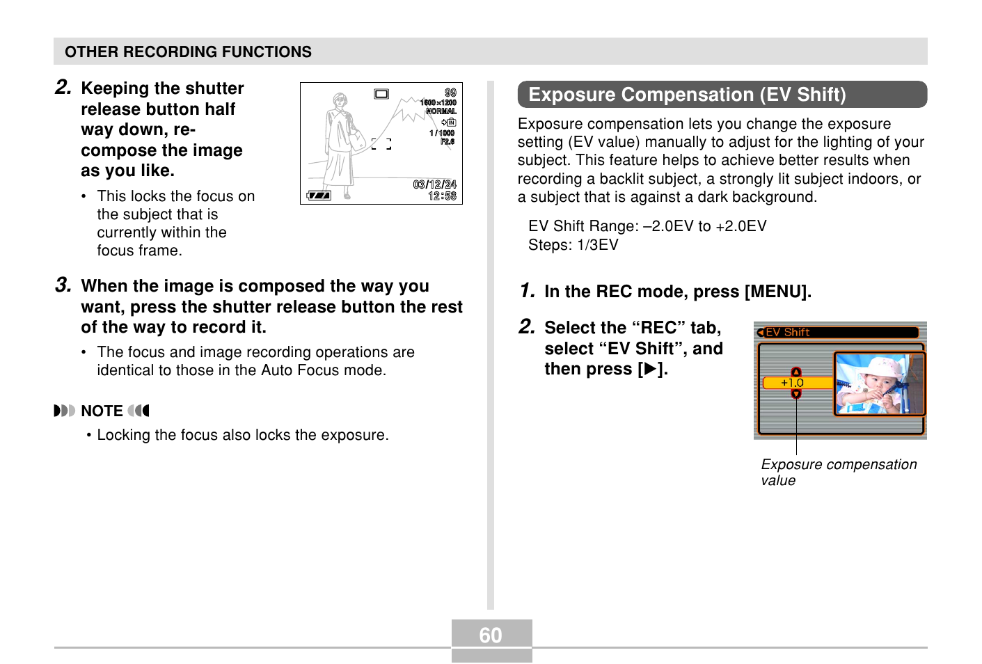 Exposure compensation (ev shift) | Casio E MULTI PJ CAMERA Multifunctional Camera System User Manual | Page 60 / 174
