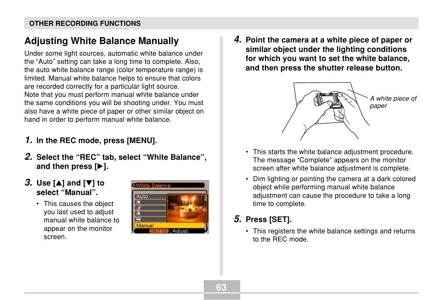 Adjusting white balance manually | Casio E MULTI PJ CAMERA Multifunctional Camera System User Manual | Page 63 / 174