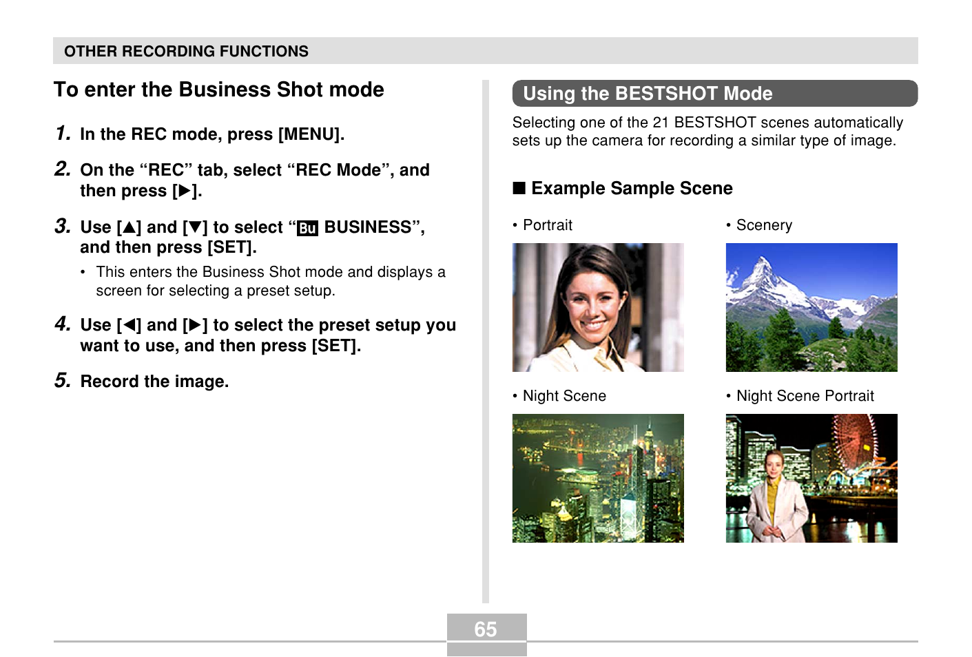 To enter the business camera mode, Using the bestshot mode, To enter the business shot mode | Casio E MULTI PJ CAMERA Multifunctional Camera System User Manual | Page 65 / 174