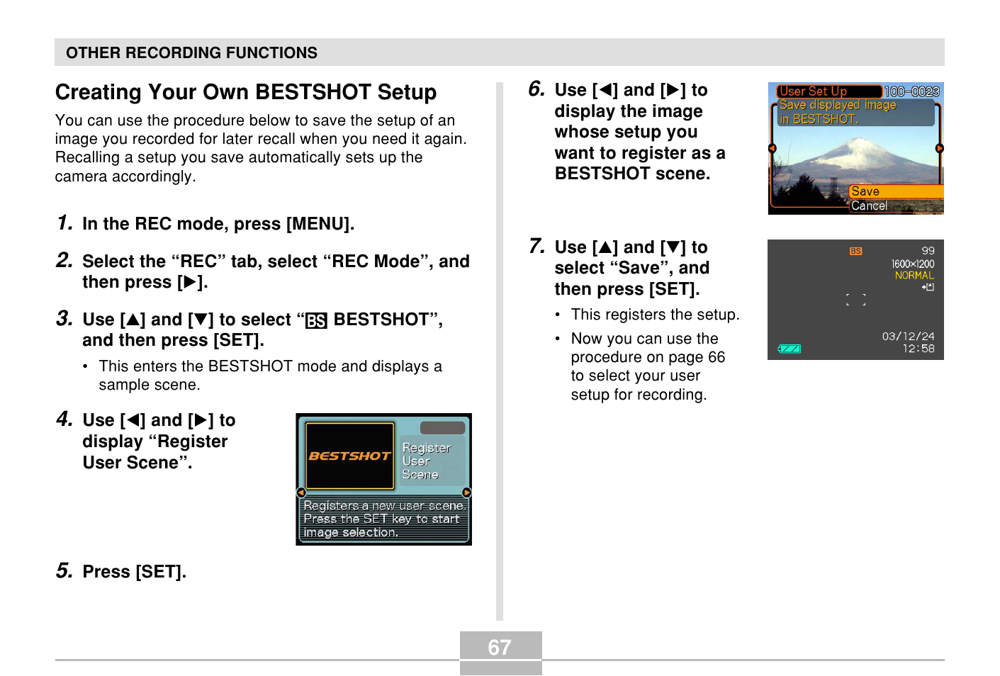 Creating your own bestshot setup | Casio E MULTI PJ CAMERA Multifunctional Camera System User Manual | Page 67 / 174