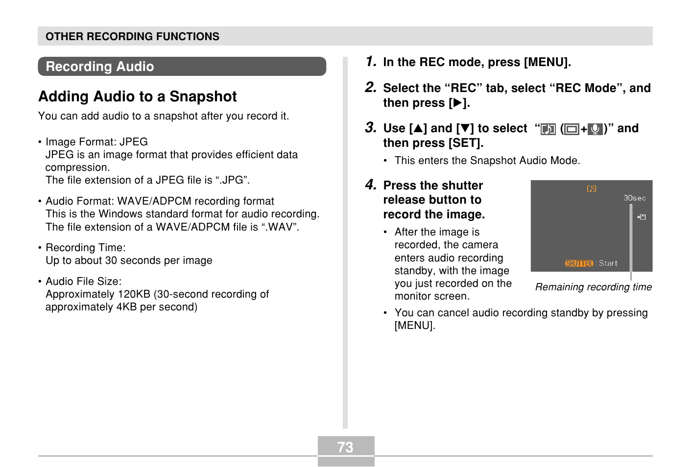 Recording audio, Adding audio to a snapshot | Casio E MULTI PJ CAMERA Multifunctional Camera System User Manual | Page 73 / 174
