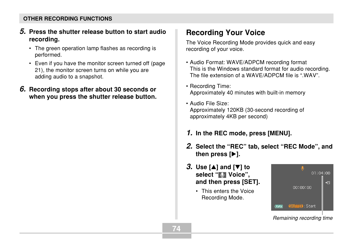 Recording your voice | Casio E MULTI PJ CAMERA Multifunctional Camera System User Manual | Page 74 / 174