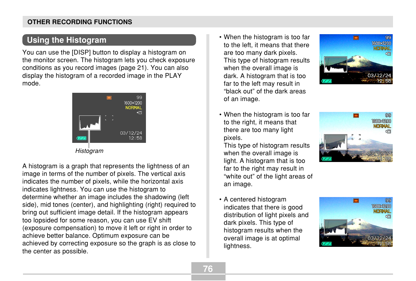 Using the histogram | Casio E MULTI PJ CAMERA Multifunctional Camera System User Manual | Page 76 / 174
