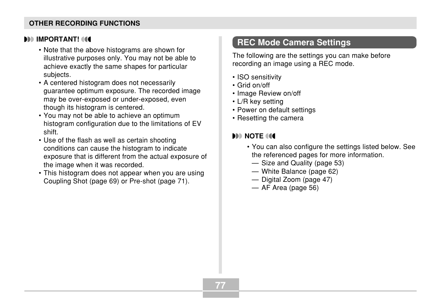 Rec mode camera settings | Casio E MULTI PJ CAMERA Multifunctional Camera System User Manual | Page 77 / 174