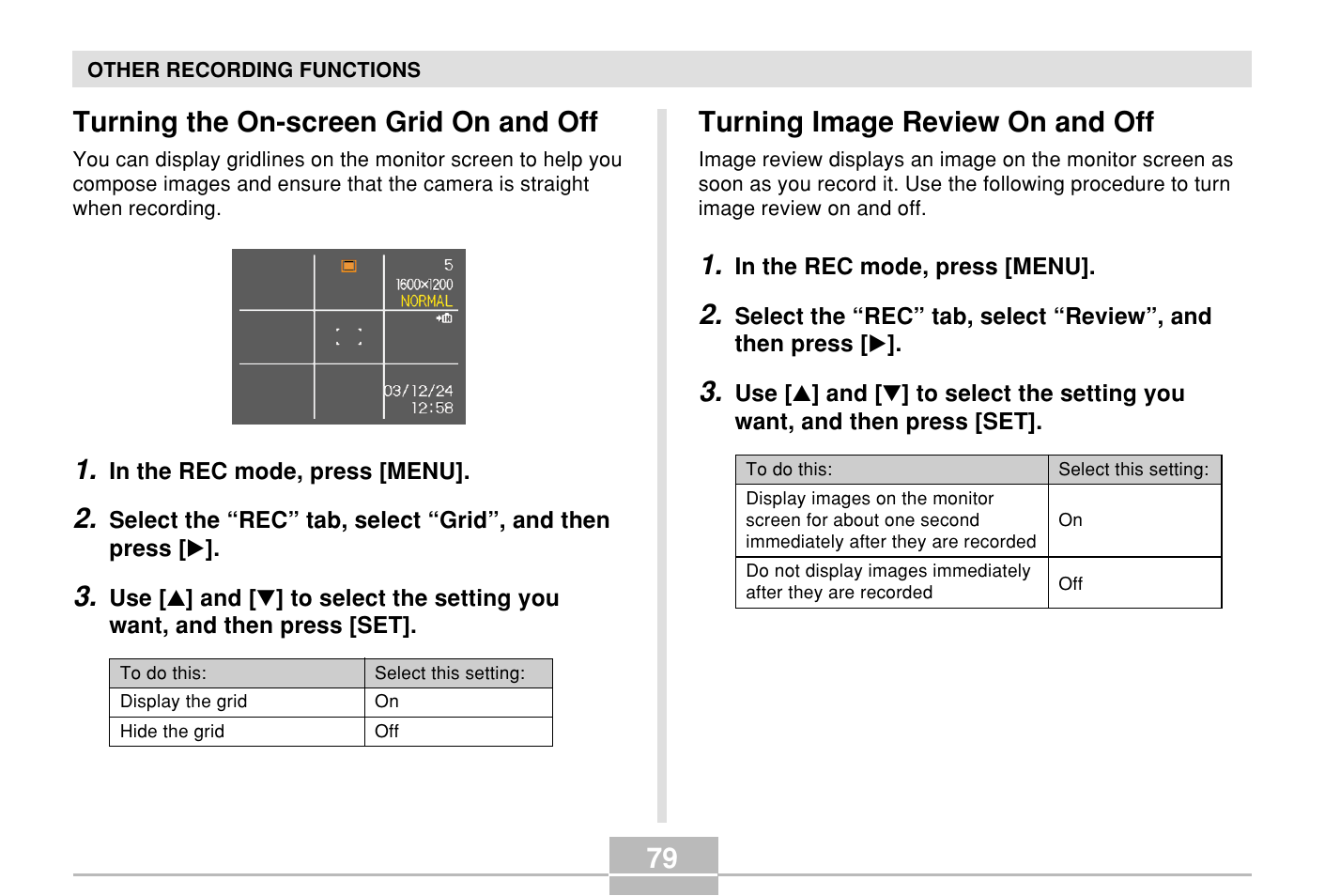 Turning the on-screen grid on and off, Turning image review on and off | Casio E MULTI PJ CAMERA Multifunctional Camera System User Manual | Page 79 / 174