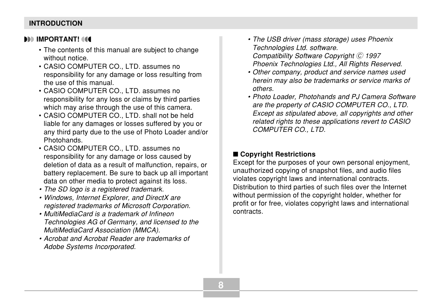 Casio E MULTI PJ CAMERA Multifunctional Camera System User Manual | Page 8 / 174