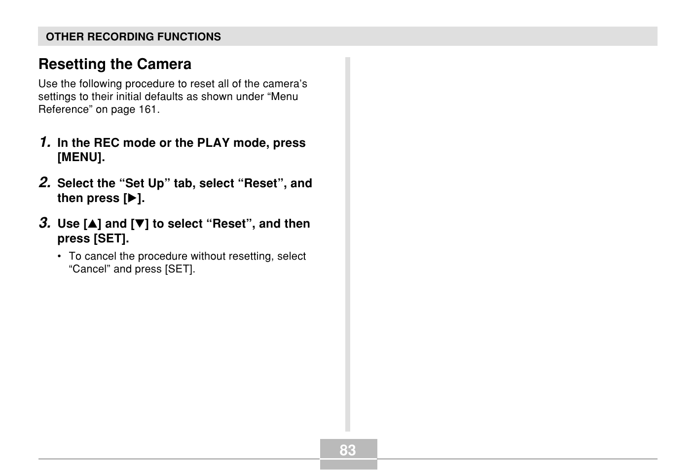 Resetting the camera | Casio E MULTI PJ CAMERA Multifunctional Camera System User Manual | Page 83 / 174