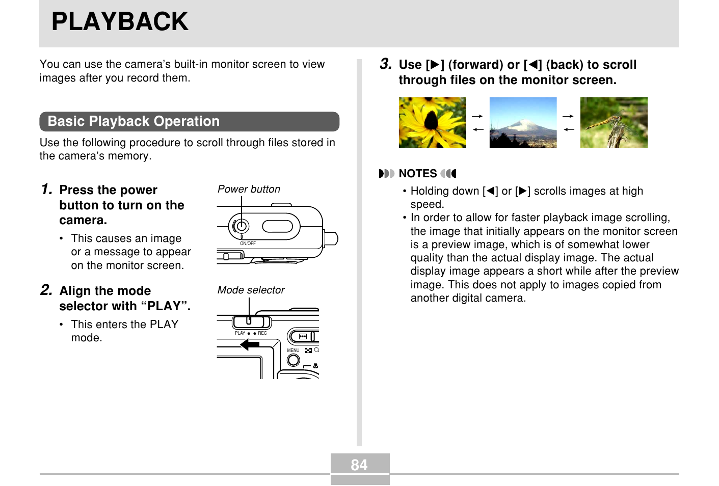 Playback, Basic playback operation | Casio E MULTI PJ CAMERA Multifunctional Camera System User Manual | Page 84 / 174