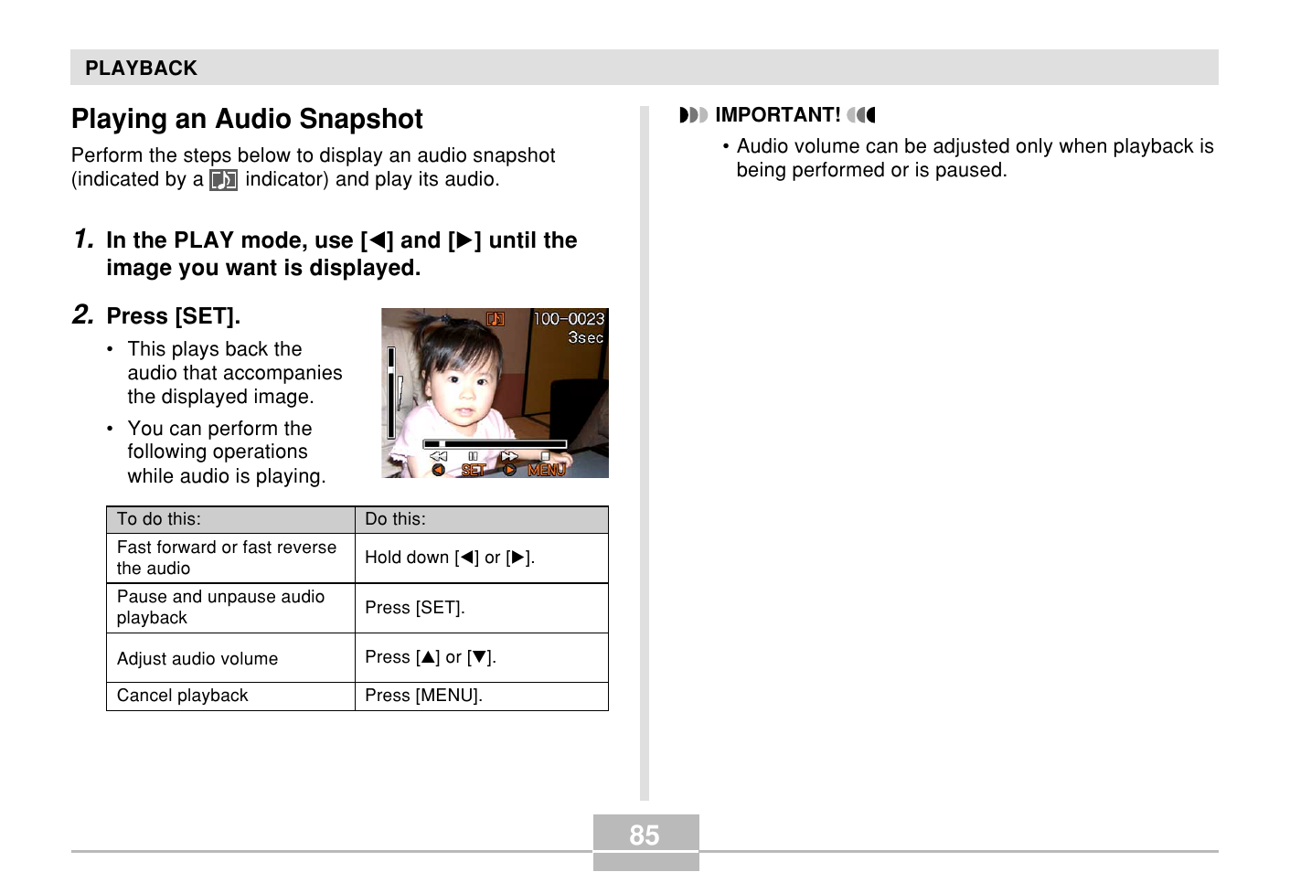 Playing an audio snapshot | Casio E MULTI PJ CAMERA Multifunctional Camera System User Manual | Page 85 / 174