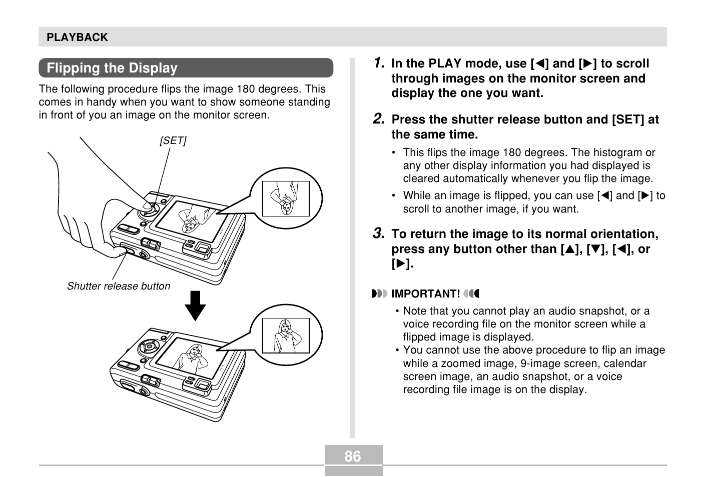 Flipping the display | Casio E MULTI PJ CAMERA Multifunctional Camera System User Manual | Page 86 / 174