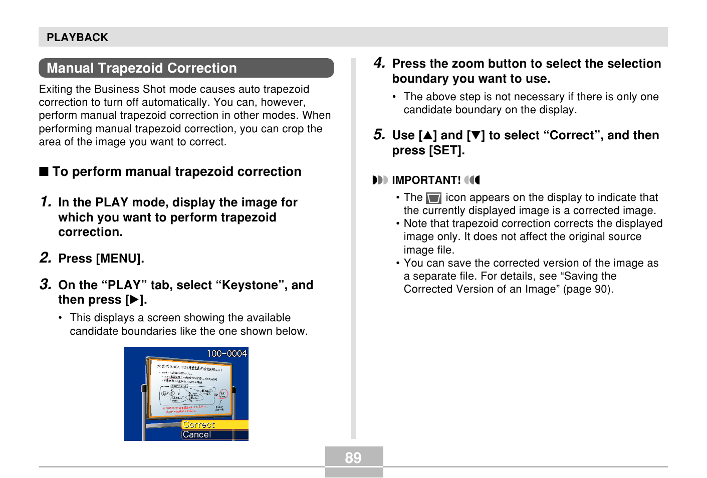 Manual trapezoid correction | Casio E MULTI PJ CAMERA Multifunctional Camera System User Manual | Page 89 / 174
