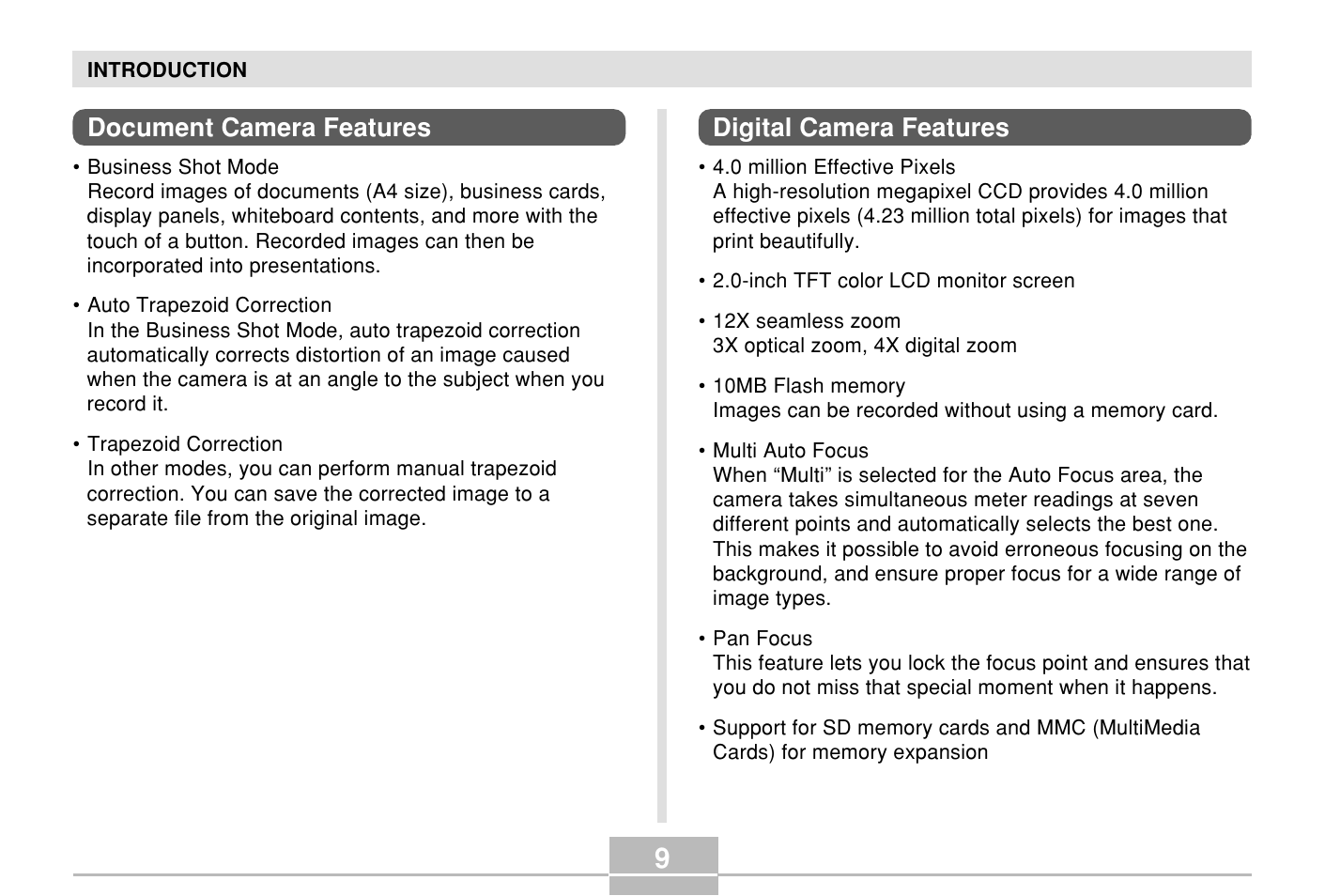 Document camera features, Digital camera features | Casio E MULTI PJ CAMERA Multifunctional Camera System User Manual | Page 9 / 174