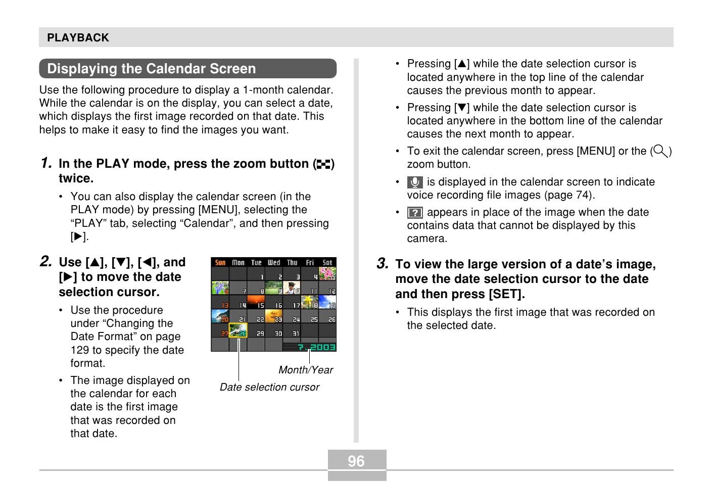 Displaying the calendar screen | Casio E MULTI PJ CAMERA Multifunctional Camera System User Manual | Page 96 / 174