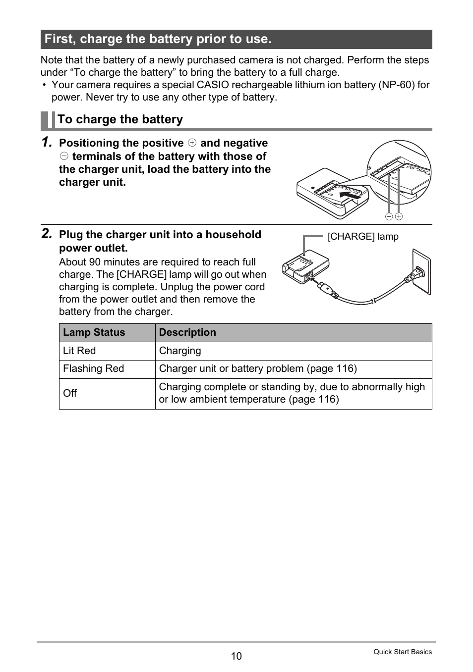 First, charge the battery prior to use, To charge the battery | Casio EXILIM EX-Z19 User Manual | Page 10 / 139