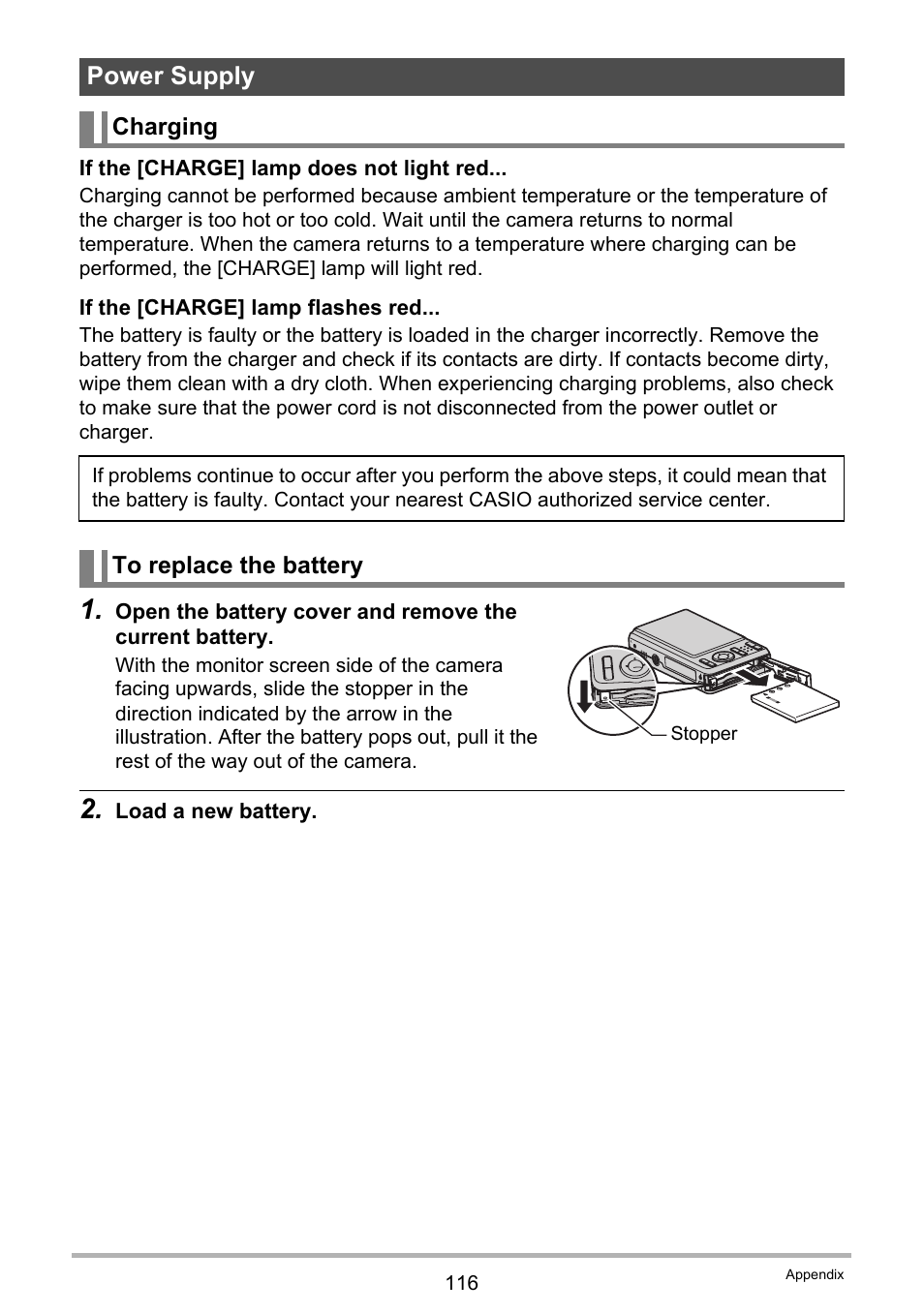 Power supply, Charging, To replace the battery | Casio EXILIM EX-Z19 User Manual | Page 116 / 139