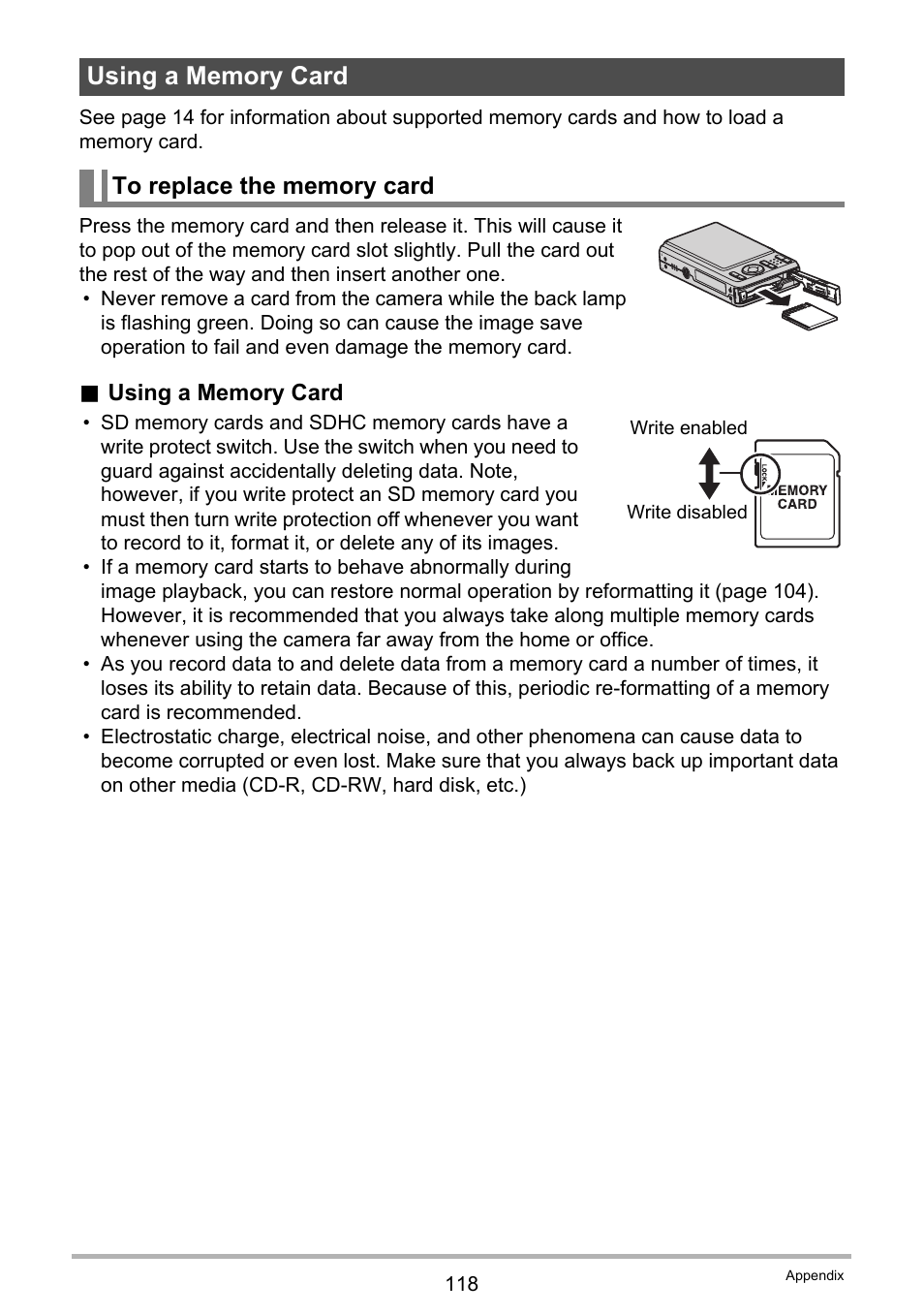 Using a memory card, To replace the memory card | Casio EXILIM EX-Z19 User Manual | Page 118 / 139