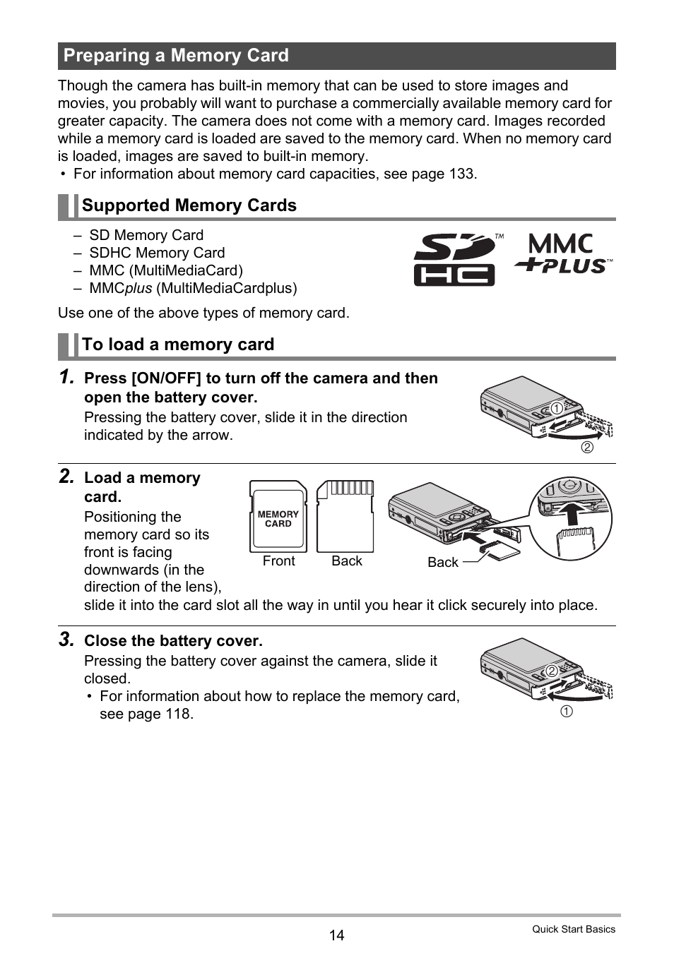 Preparing a memory card, Supported memory cards, To load a memory card | Casio EXILIM EX-Z19 User Manual | Page 14 / 139