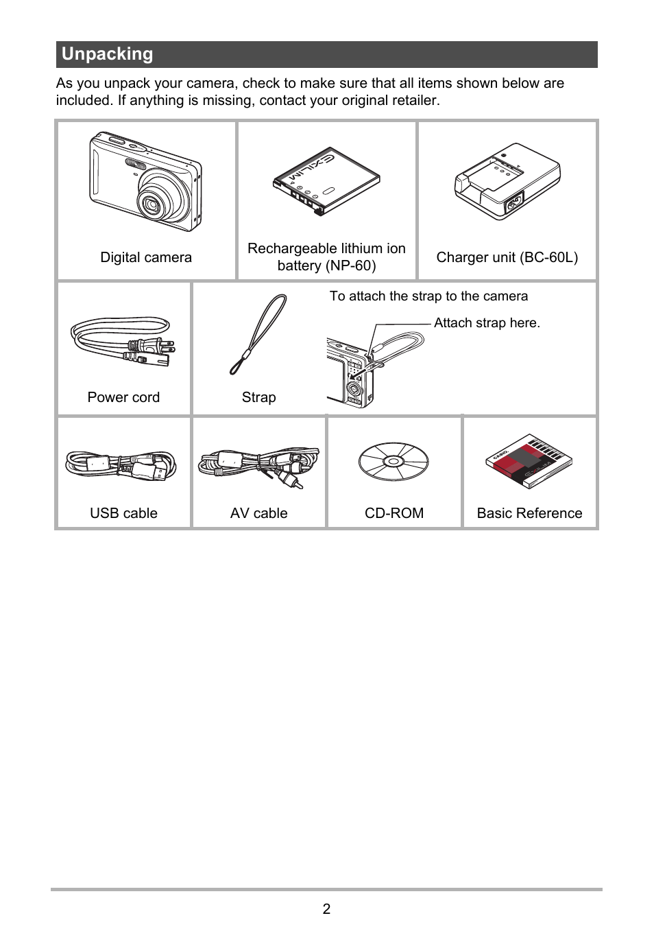 Unpacking | Casio EXILIM EX-Z19 User Manual | Page 2 / 139