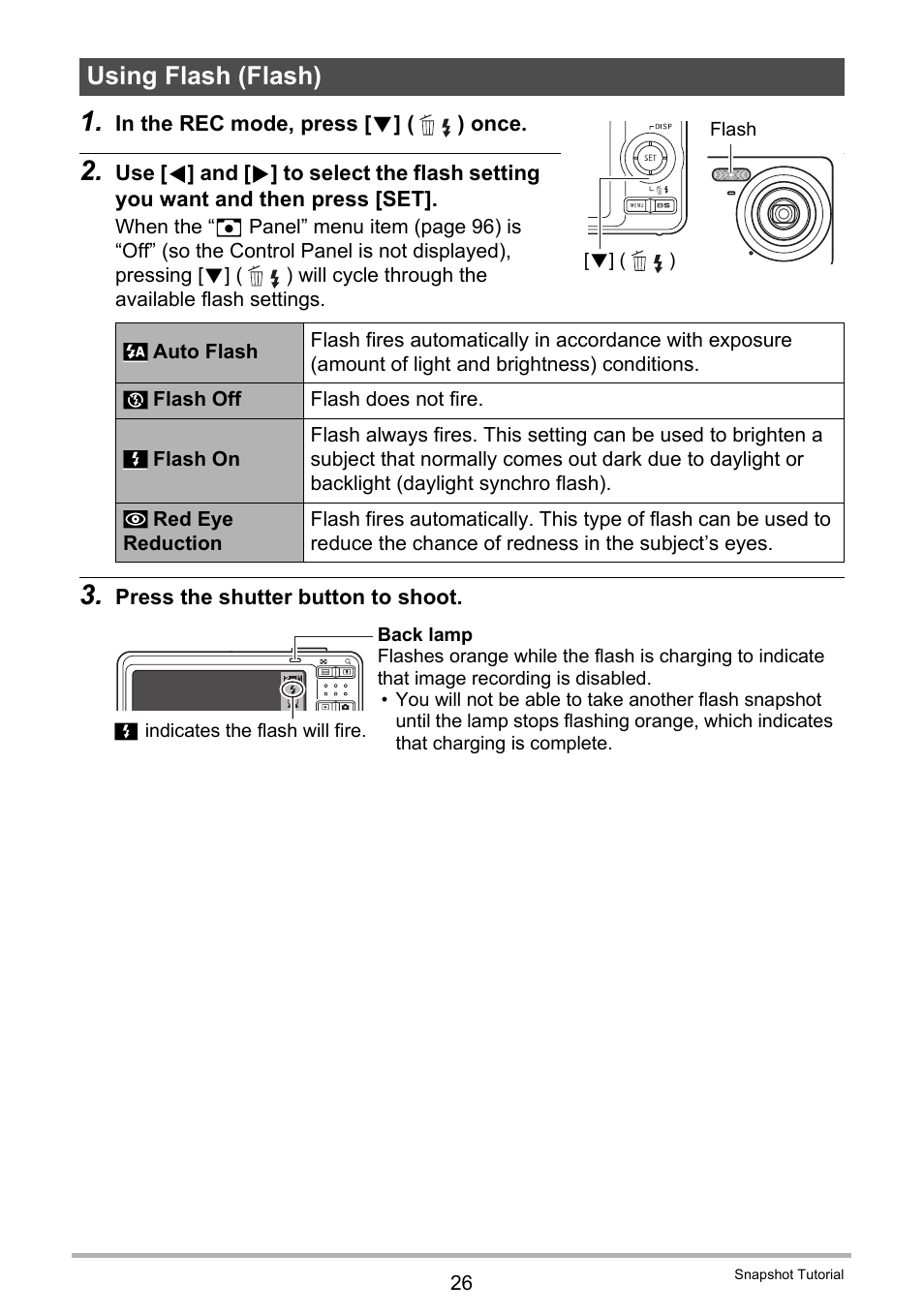 Using flash (flash) | Casio EXILIM EX-Z19 User Manual | Page 26 / 139