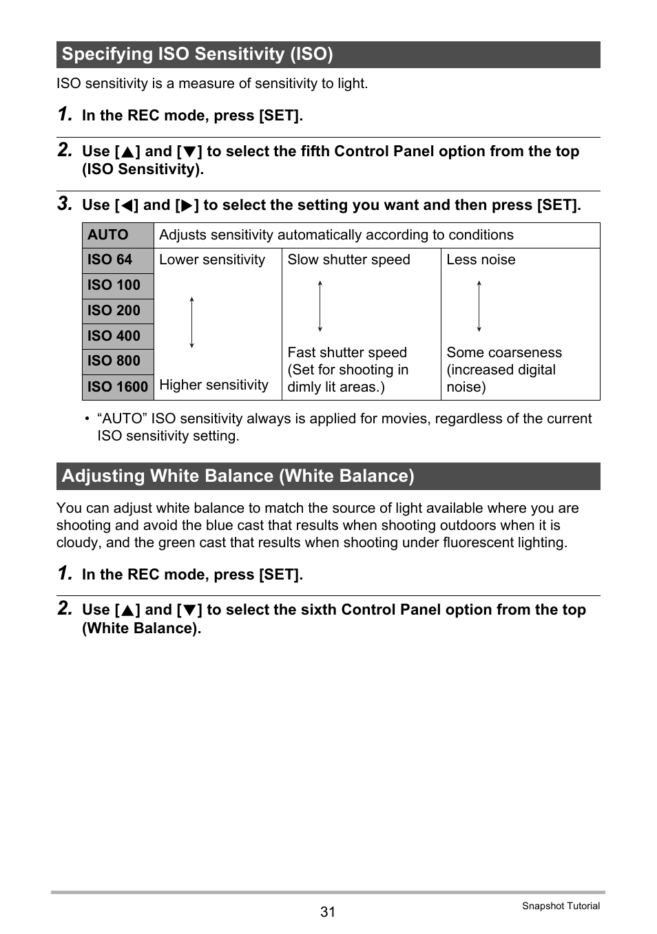 Specifying iso sensitivity (iso), Adjusting white balance (white balance), E 31) | Casio EXILIM EX-Z19 User Manual | Page 31 / 139
