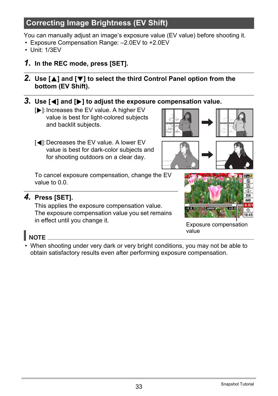 Correcting image brightness (ev shift) | Casio EXILIM EX-Z19 User Manual | Page 33 / 139