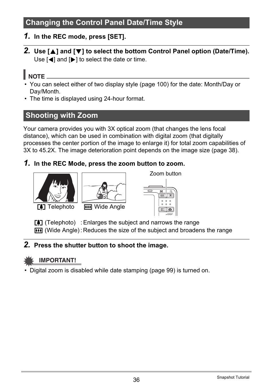 Changing the control panel date/time style, Shooting with zoom | Casio EXILIM EX-Z19 User Manual | Page 36 / 139