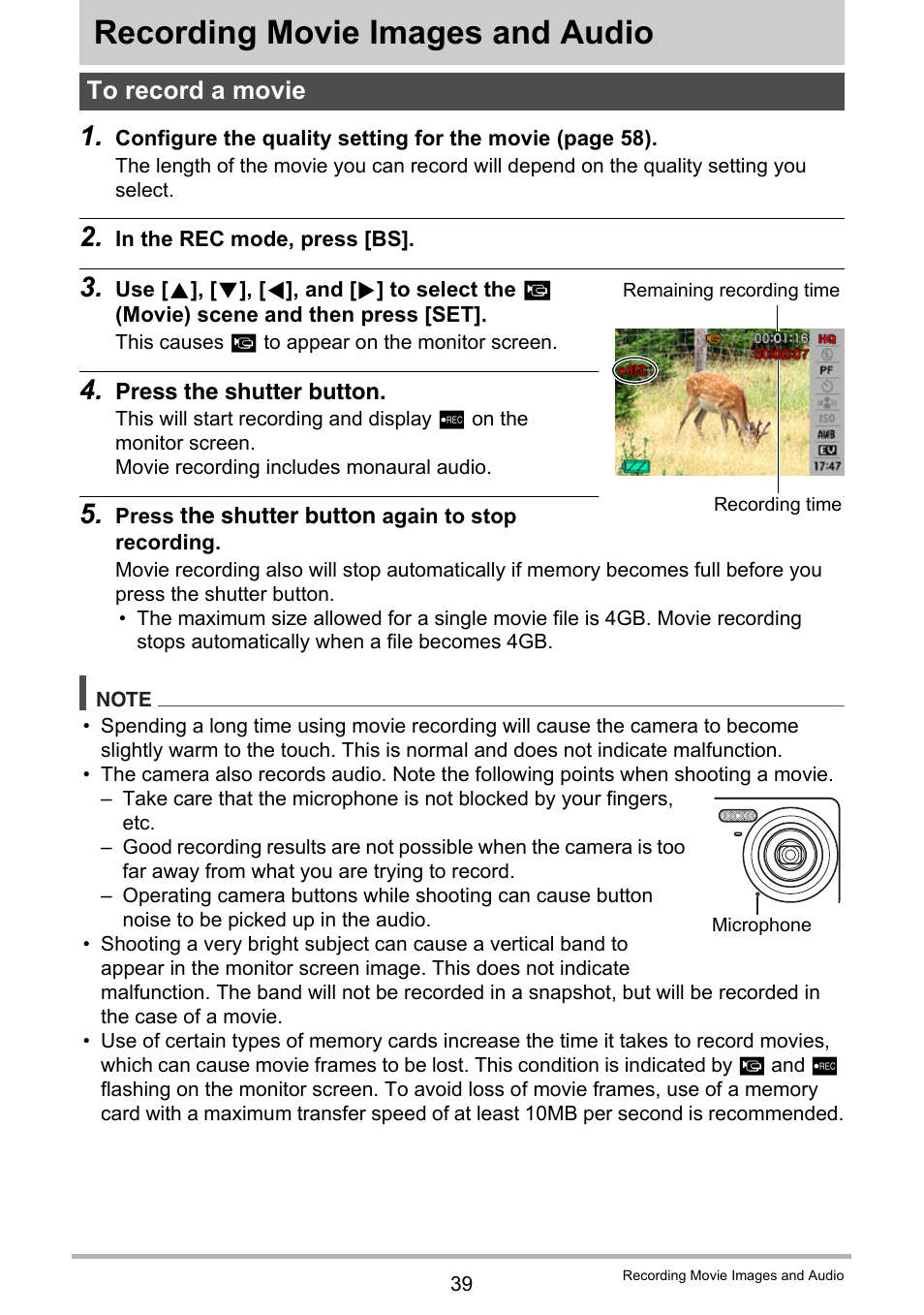 Recording movie images and audio, To record a movie | Casio EXILIM EX-Z19 User Manual | Page 39 / 139