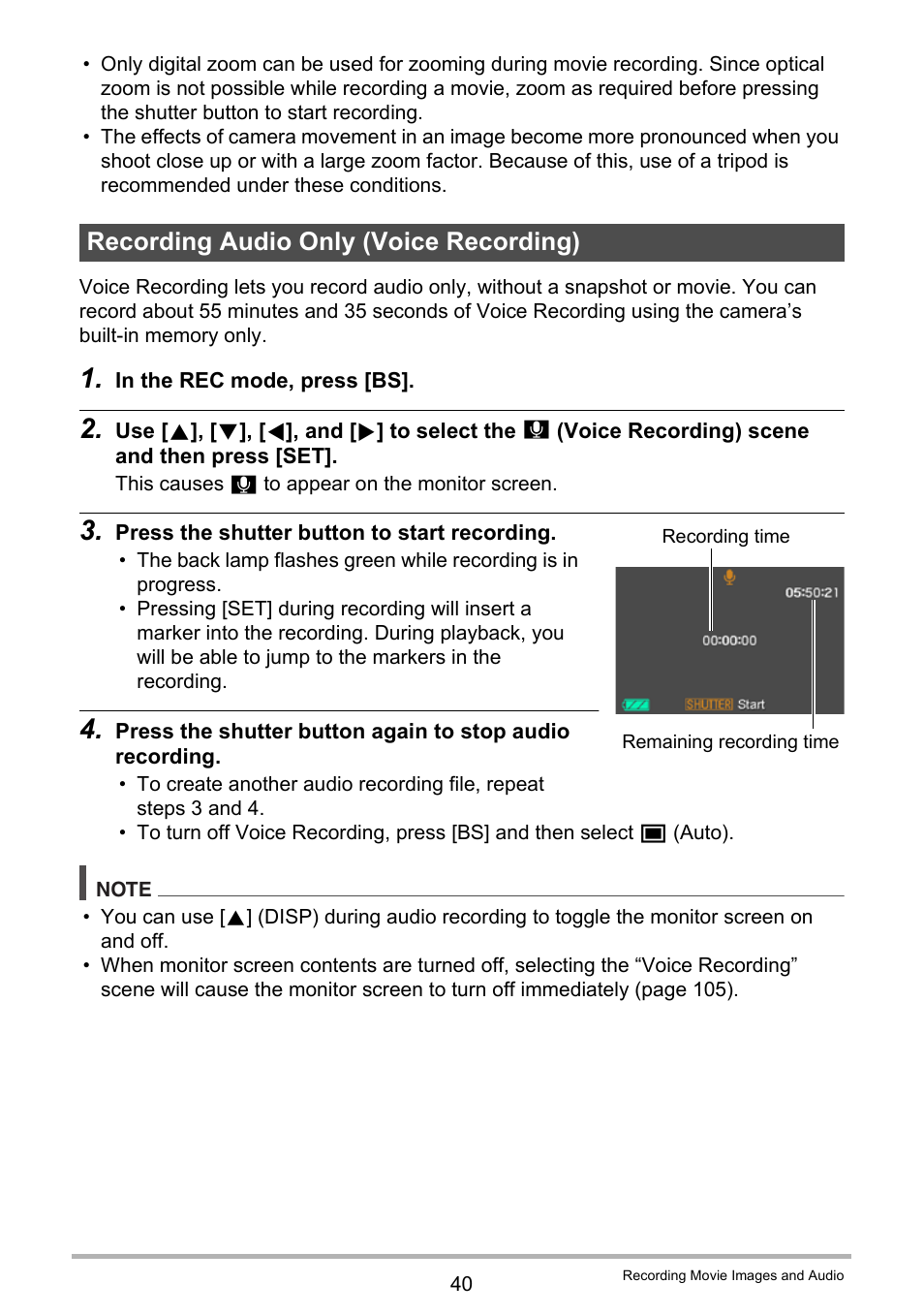 Recording audio only (voice recording) | Casio EXILIM EX-Z19 User Manual | Page 40 / 139