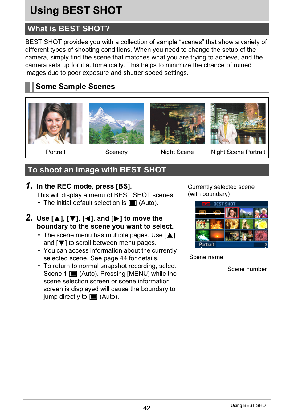 Using best shot, What is best shot, Some sample scenes | To shoot an image with best shot | Casio EXILIM EX-Z19 User Manual | Page 42 / 139