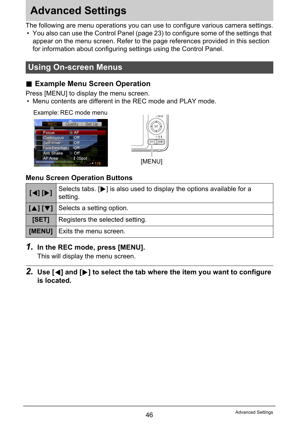 Advanced settings, Using on-screen menus | Casio EXILIM EX-Z19 User Manual | Page 46 / 139