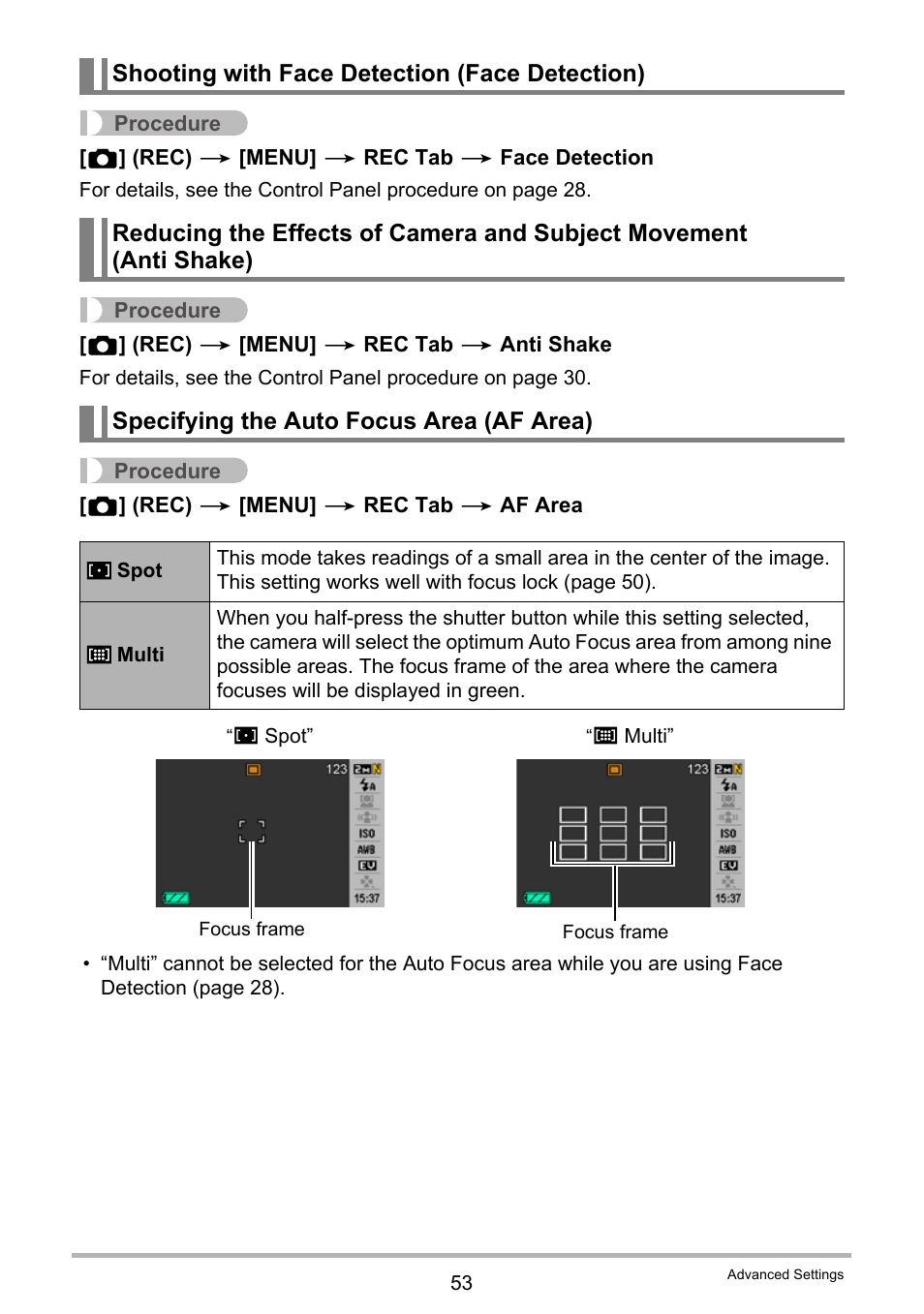 Shooting with face detection (face detection), Specifying the auto focus area (af area) | Casio EXILIM EX-Z19 User Manual | Page 53 / 139