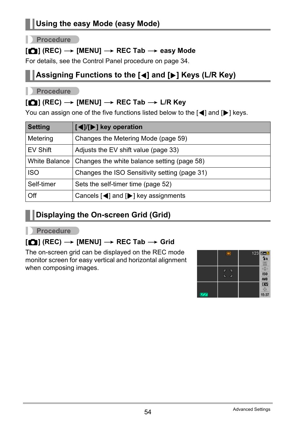 Using the easy mode (easy mode), Displaying the on-screen grid (grid) | Casio EXILIM EX-Z19 User Manual | Page 54 / 139